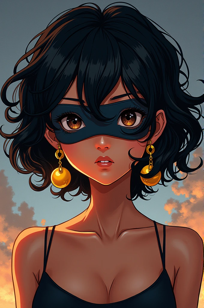 2d anime female character, with brown skin and dark brown eyes, short curly black hair, and yellow earrings with a blindfold jujutsu kaisen vibes