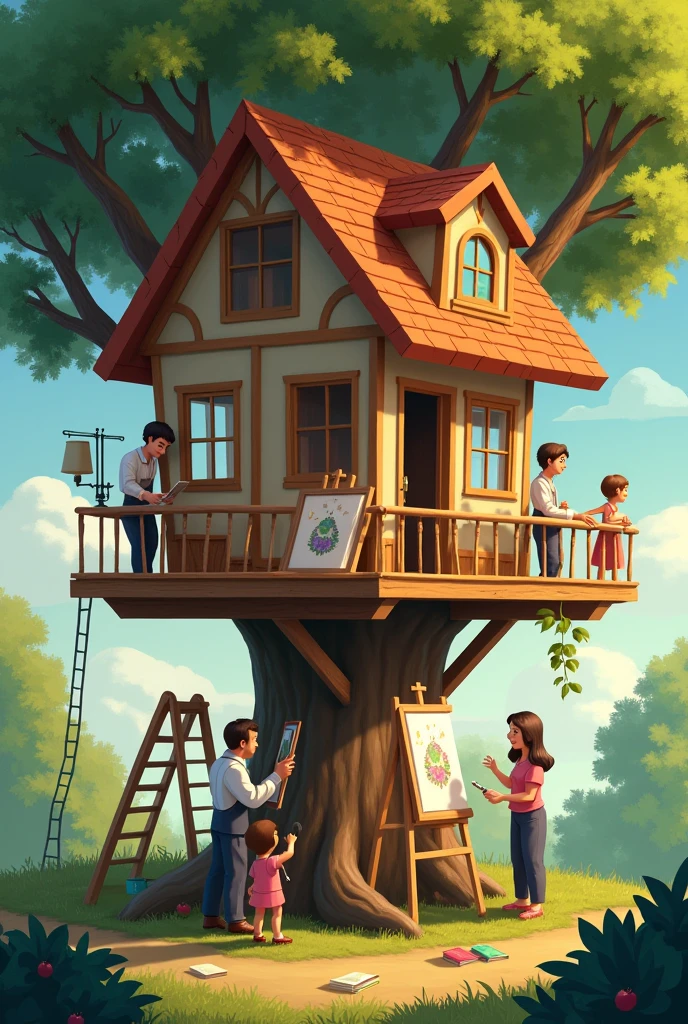 The father building his son a treehouse, then at the side the artist drew the child a picture, then another side the nurse gave the patient some medicine, then in the middle the librarian offered the children some books.