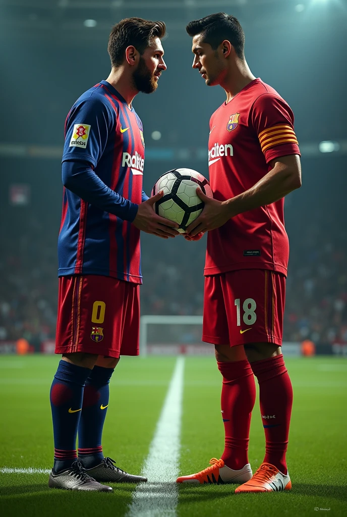 Can you create Lionel Messi and Cristiano Ronaldo holding a soccer ball for me? 