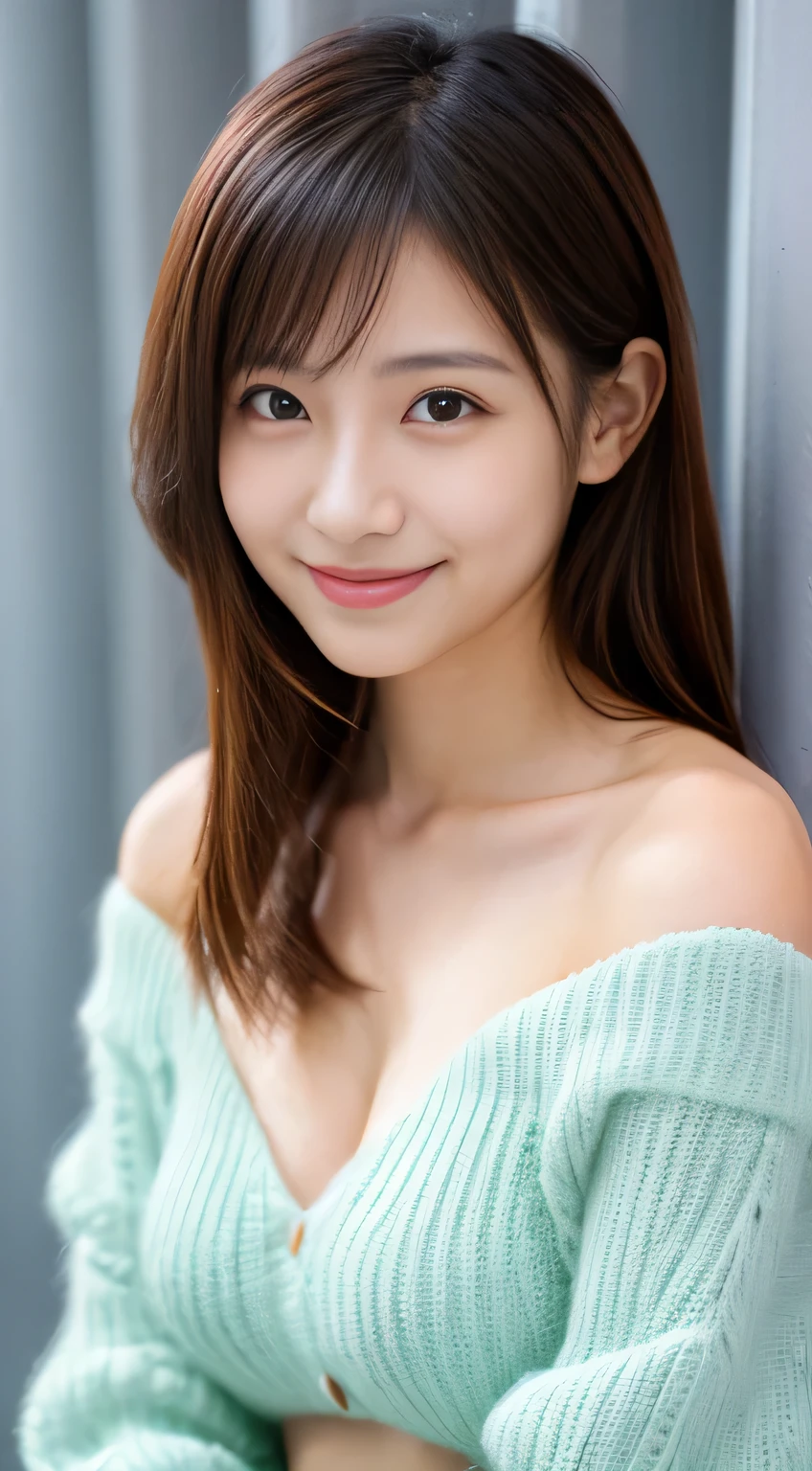 masterpiece,best quality,(Japanese girl),((Beautiful girl)),cleavage,(off shoulder:1.2),(perfect body beauty:1.2),(shy smile),From above