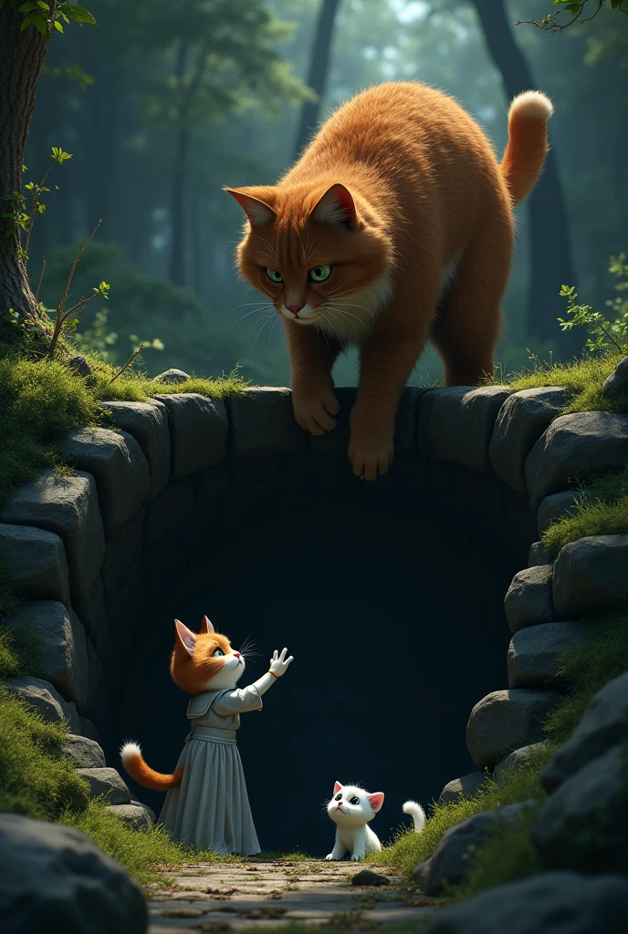 In a shadowy forest, the father cat, The father cat, tall and muscular with deep brown fur, and the mother cat, elegant in a silvery grey gown, race through the forest alongside the kitten., carefully descends into a dark, abandoned well to rescue the happy kitten. His determined expression and powerful limbs contrast with the dark, moss-covered walls of the well. At the bottom, the happy kitten, with its snow-white fur and patches of orange, looks up with a mix of fear and hope as the father cat reaches it. The scene captures the tense yet hopeful moment of rescue, rendered in a medieval Pixar style, highlighting the dramatic contrast between the father cat’s bravery and the well’s foreboding darkness.


