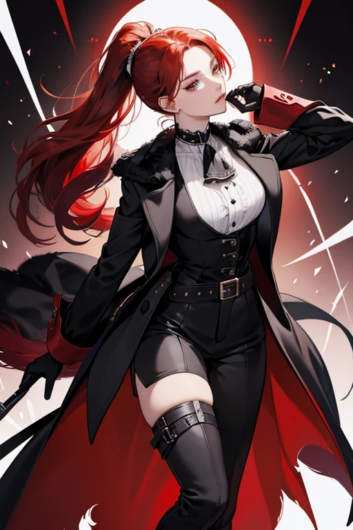 her red hair is tied in a low ponytail.

she wears a black dress shirt, a long white vest, a black ascot with a red gem, a black coat with fur trim at the bottom, black dress pants, a strap on her right thigh, cuffed black boots, and a pair of black gloves. Her Vision is attached to a belt. SPARKLE; GLITTER
