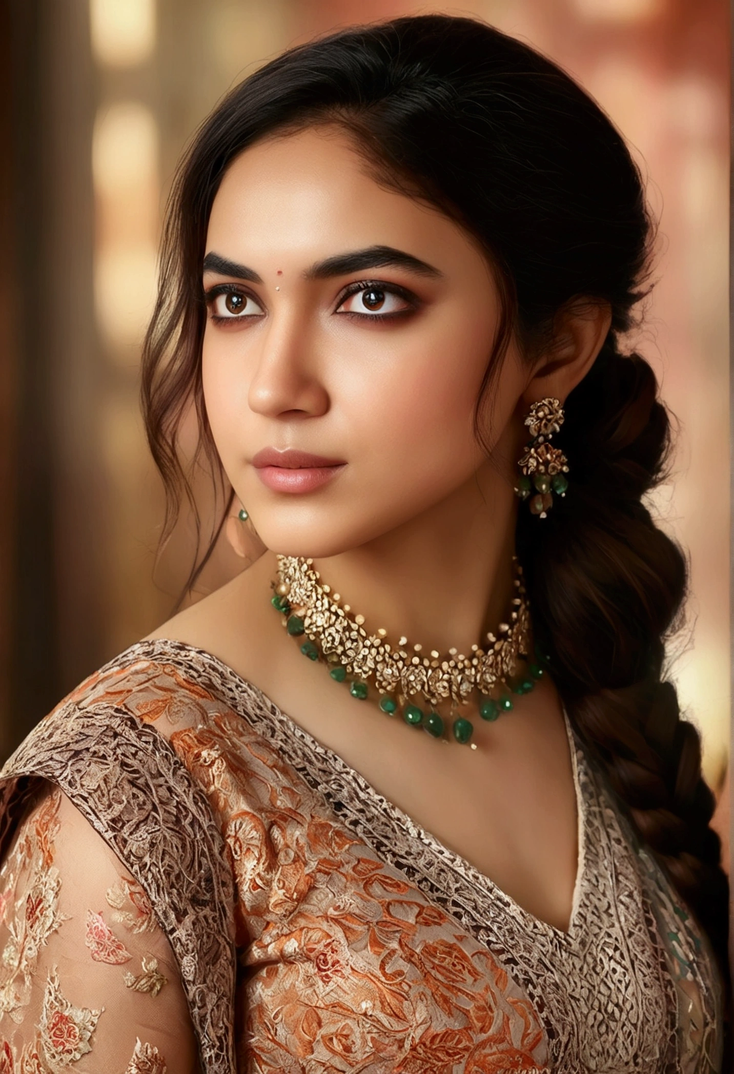 a beautiful young woman, upper body, detailed eyes, highly detailed, best quality, masterpiece, 1girl, delicate facial features, elegant pose, natural lighting, warm color tones, detailed clothing, intricate patterns, cinematic composition, photorealistic, (realistic:1.4), (photorealistic:1.4), (best quality:1.4), (8k:1.2), (high resolution:1.2), (detailed description:1.2), (intricate details:1.2), (cinematic lighting:1.2),  ritu