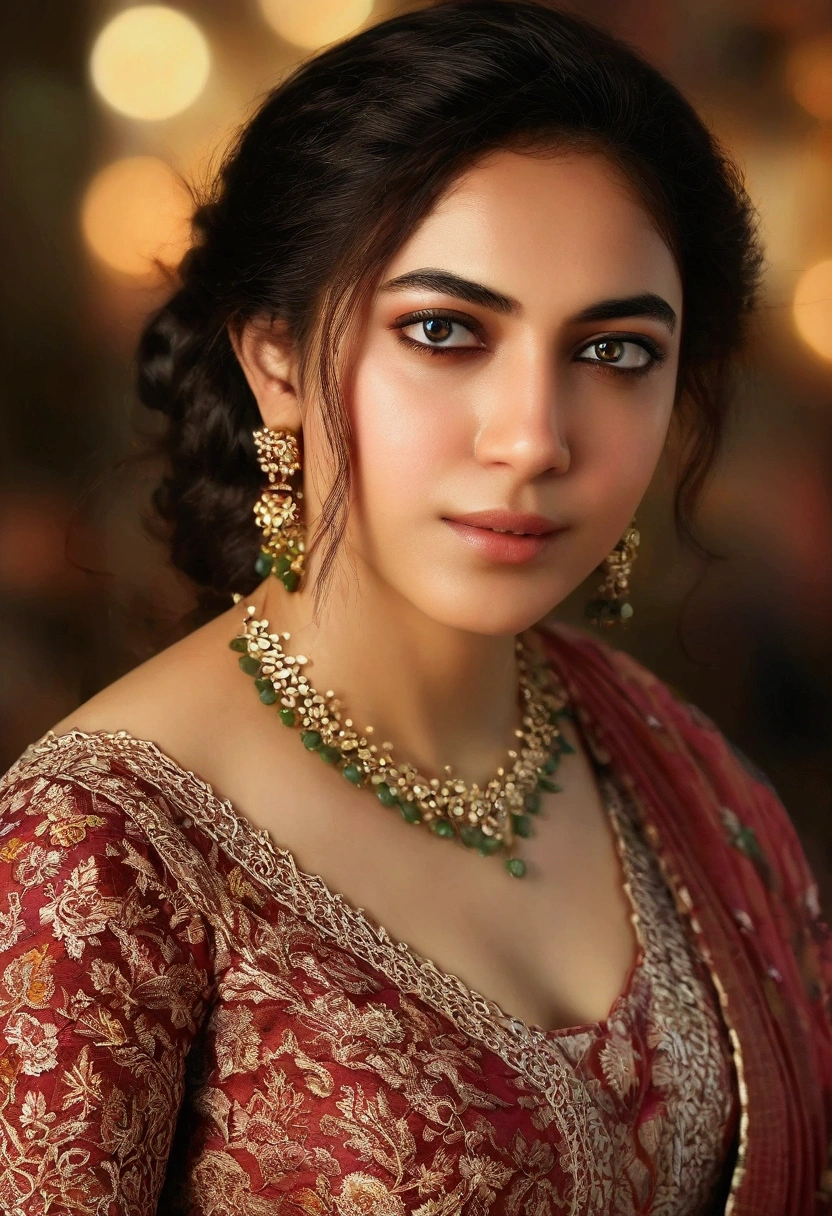 a beautiful young woman, upper body, detailed eyes, highly detailed, best quality, masterpiece, 1girl, delicate facial features, elegant pose, natural lighting, warm color tones, detailed clothing, intricate patterns, cinematic composition, photorealistic, (realistic:1.4), (photorealistic:1.4), (best quality:1.4), (8k:1.2), (high resolution:1.2), (detailed description:1.2), (intricate details:1.2), (cinematic lighting:1.2),  ritu