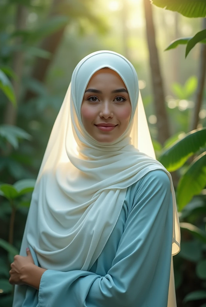 Hijab ,middle Eastern, 20 yo , in the jungle, smile, white scarf ,light blue dress