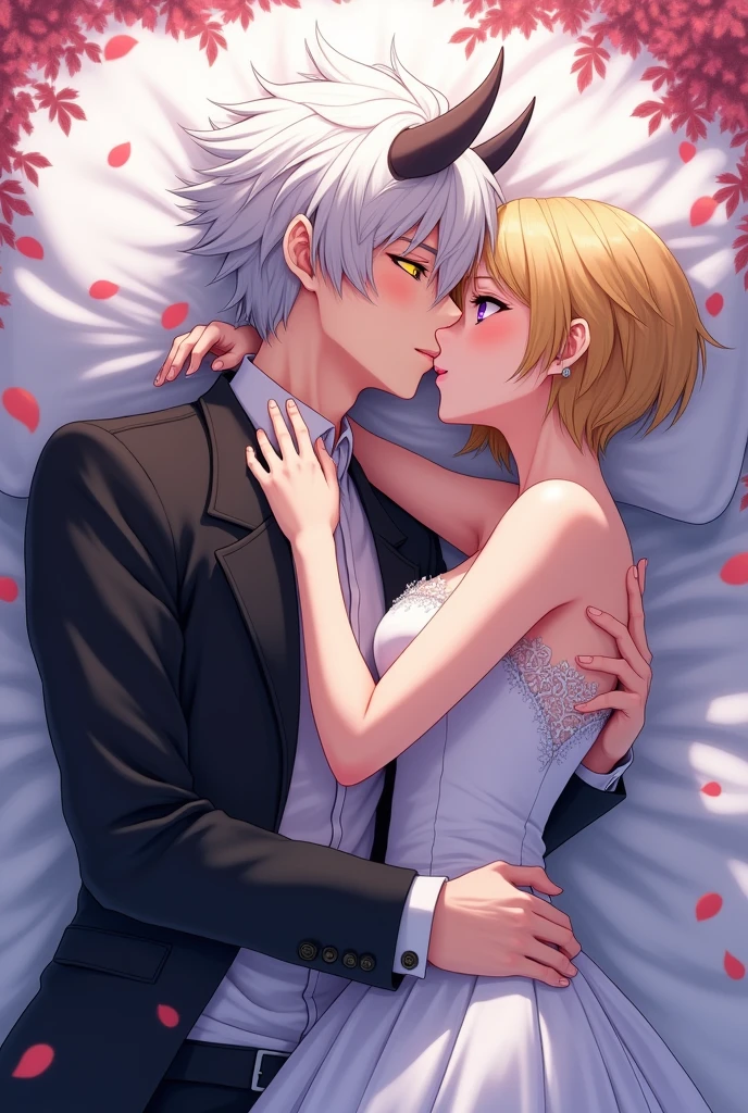 anime style manwha woman , Blonde Short hair, purple eyes, with wedding dress, with a man with white hair , and horned, yellow eyes, Black Suit, Lying in bed and kissing , icon format