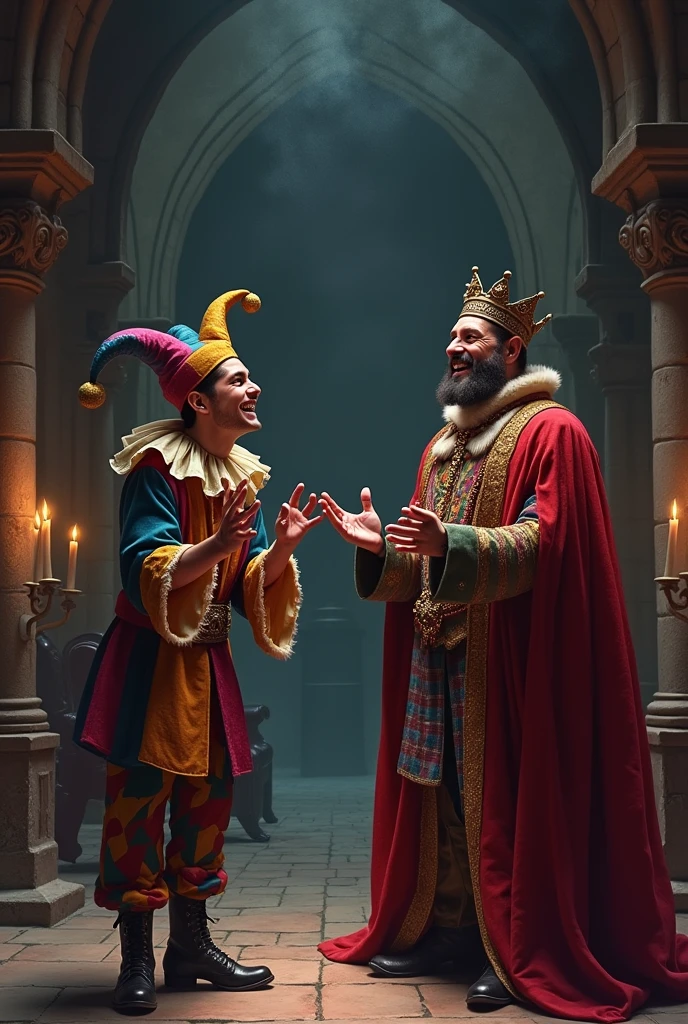 Court jester and king laughing at jokes in castle black