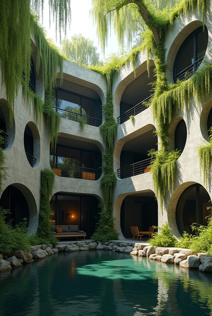 make a brutalist house interior design
full of lush, hanging vines and moss
make a lot of different shape
add a balcony
make some windows circle
make the house inside a lake that is surrounded by willow trees