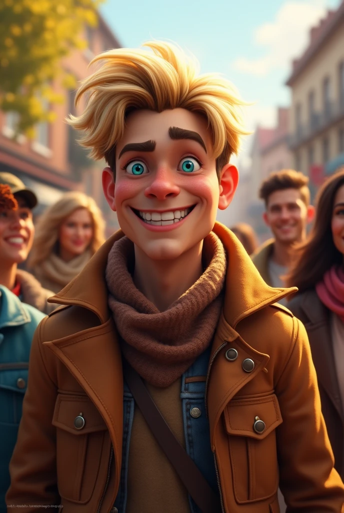 naughty man ,dark blond hair, ocean blue eyes, big smile, in the center of several people, day Of course, Warm clothes 