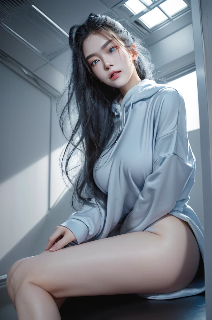 nsfw, masterpiece, Best Quality, hyper Realistic, A mysterious and sophisticated beautiful young gravure Japanese woman with blue eyes wears futuristic and sexy fashion art. sitting focus breasts,, from below, Detailed clothing butt, woman is climbing at a wide angle, with her full body in frame. large Butt, sexy large breasts, slim waist, Cyber punk taste fashion, Her outfit includes BLACK over sized Surface hoodie sweat, nothing shorts, adding a minimalist beauty. She accessorizes with futuristic accessories and technical sneakers. Her demeanor exudes harmony and striking simplicity, accentuating her curves and digging sensuously into her skin, hyper small head and face, wide and big Duck mouth, half open mouth, perfectly aligned teeth, perfect beautiful wide teeth, Detailed eyes, light blue eyes, half open eyes, shiny Droopy eyes, gray hair, looking other, She is situated within the interior of a futuristic colony, with mist drifting and steam rising from concrete