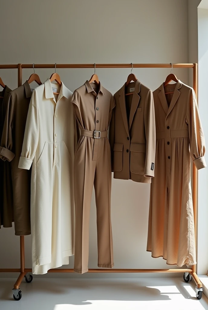 I want an image of different stylish masculine and feminine clothes for men and women that are environmentally friendly., for sale3 on hangers pants, Dresses, More natural jackets for a more clothing store