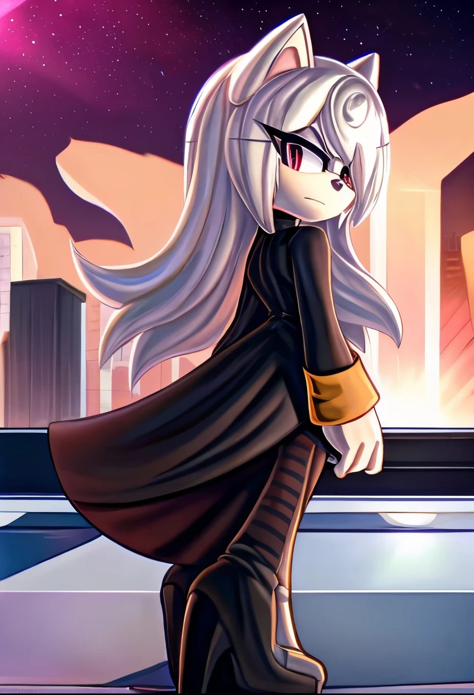 sageai, female, Female Kitsune, ((Sage as a Mobian Kitsune)), white fur, fox ears, ((long hair)), ((lower back length hair)), white hair, multicolored hair, (hair over one eye), red eyes, (fox-like tails), ((black dress)), (full skirt black dress), ((white zipper-like stripe down center of dress)), standing, blank expression, ((lab background)), medium breasts, (long sleeves), eggmaam styled black dress, eggmaam cosplay, eggmaam uniform, black pants with high heeled boots attached, Eggmaam styled boots, daytime, (mobian), Mobius city, solo, 1girl, score_9, score_8_up, score_7_up, ((Masterpiece)), high quality, studio quality,