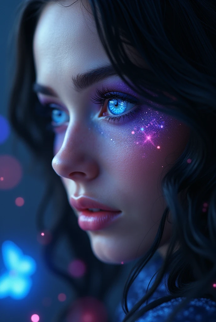 Close-up of a best masterpiece, HD photography, INTENSE SAPPHIRE SKY BLUE EYES only the face of a beautiful Russian woman like Aphrodite, with black hair in waves and sapphire blue eyes as clear as the sky, SAPPHIRE BLUE EYES HIGHLIGHT, Stars of colors in her eyes, with purple and pink glitter on her face, Looking forward in profile, only her face can be seen, In the background a beautiful place dark with pink sparkles and blue butterflies, the glow of d, LEAVE LET YOUR EYES BE THE THING THAT STANDS OUT THE MOST AND THE ONLY THING THE IMAGE FOCUSES ON with diamond skin and hair part shining to symbolize brilliance. with diamond, mirando al frente de perfil, que sus ojos sean hipnotizantes azul brillante como diamantes