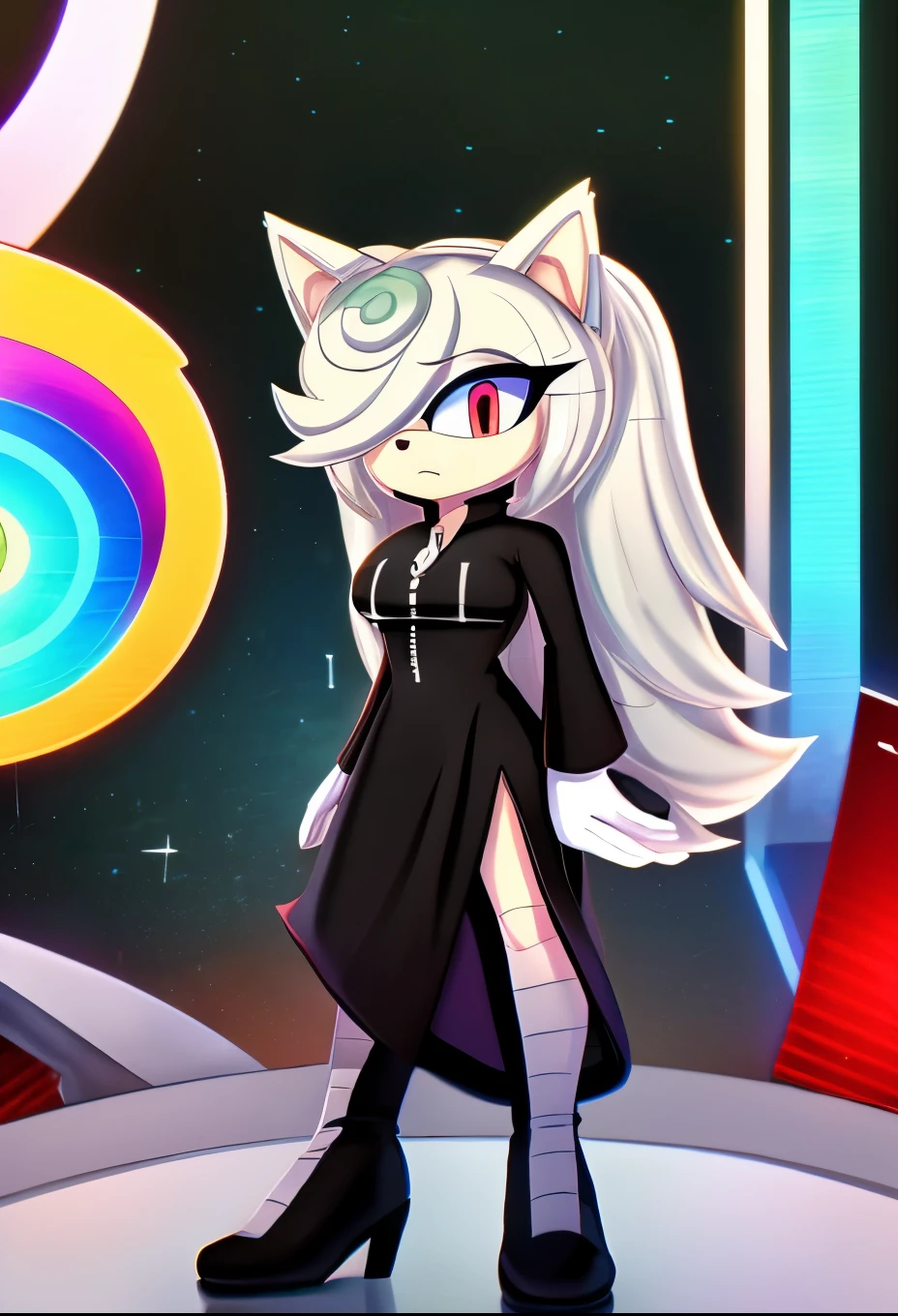 sageai, female, Female Kitsune, ((Sage as a Mobian Kitsune)), white fur, fox ears, ((long hair)), ((lower back length hair)), white hair, multicolored hair, (hair over one eye), red eyes, (fox-like tails), ((black dress)), (full skirt black dress), ((white zipper-like stripe down center of dress)), standing, blank expression, ((lab background)), medium breasts, (long sleeves), eggmaam styled black dress, eggmaam cosplay, eggmaam uniform, black pants with boots attached, Eggmaam styled boots, daytime, (mobian), Mobius city, solo, 1girl, score_9, score_8_up, score_7_up, ((Masterpiece)), high quality, studio quality,
