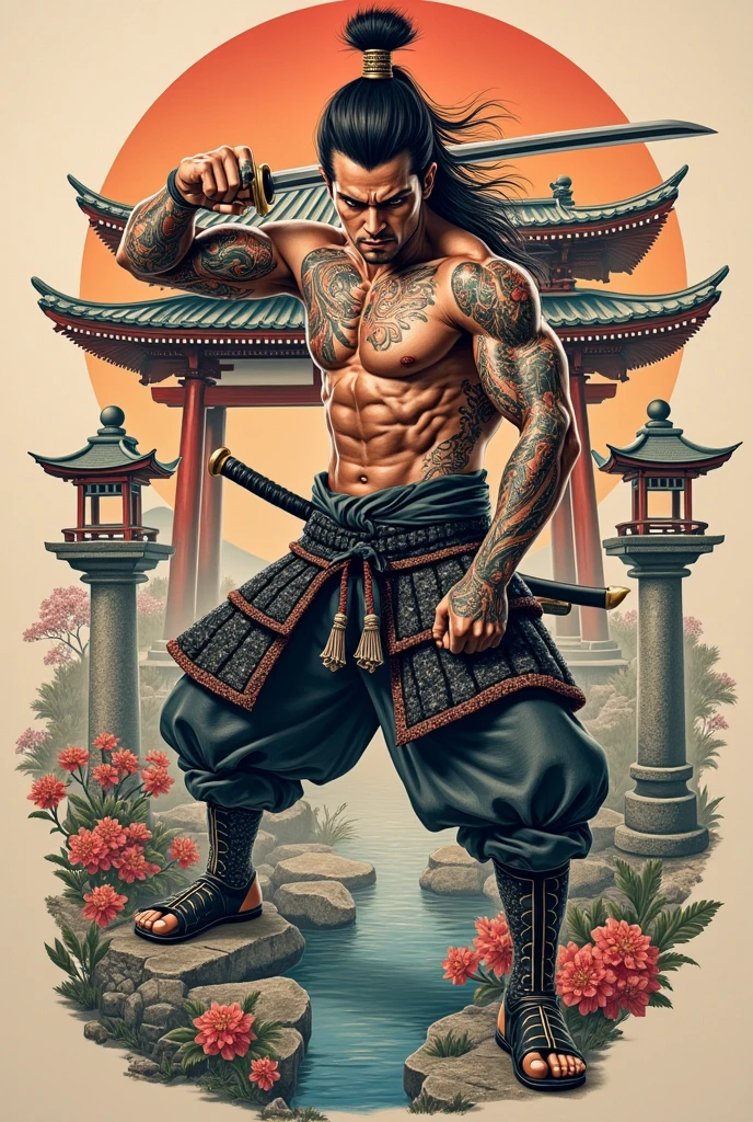 Detailed samurai tattoo in fighting stance with katana in temple 