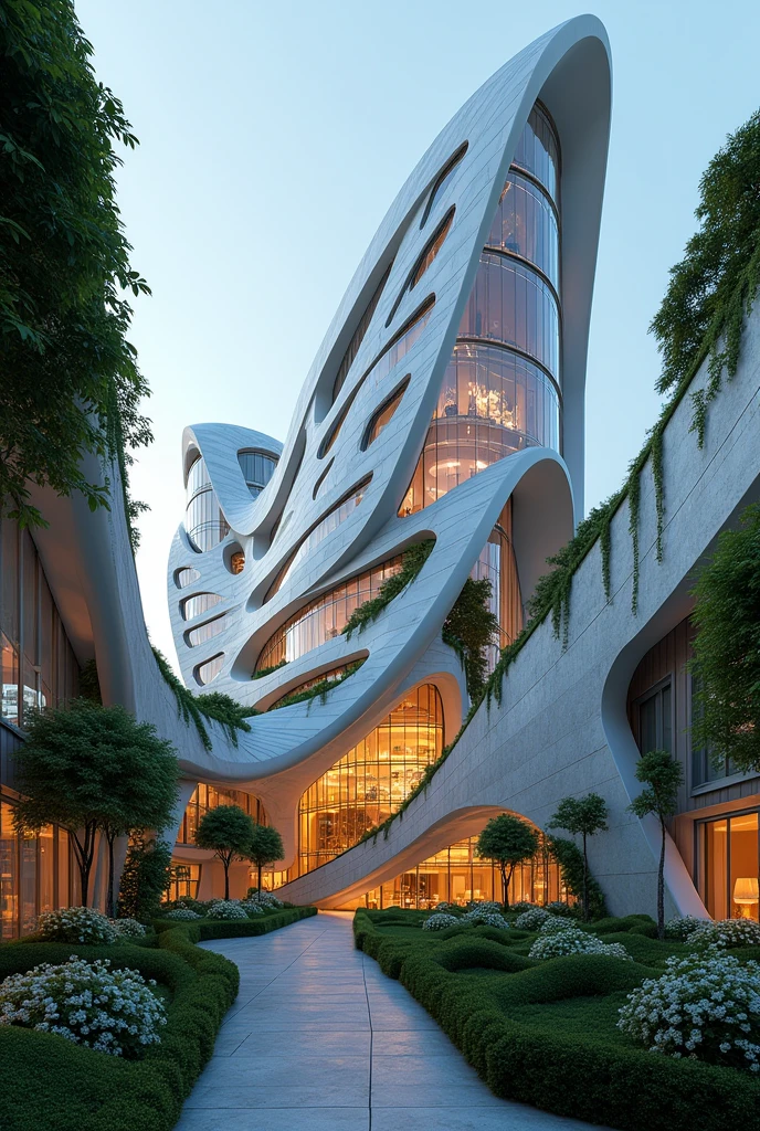 Large futuristic building INSPIRED BY Named The Tulip, inspiration Zaha Hadidi, Lots of glass and LED Lighting. hanging gardens. cinematic picture, scientific fiction. 8k