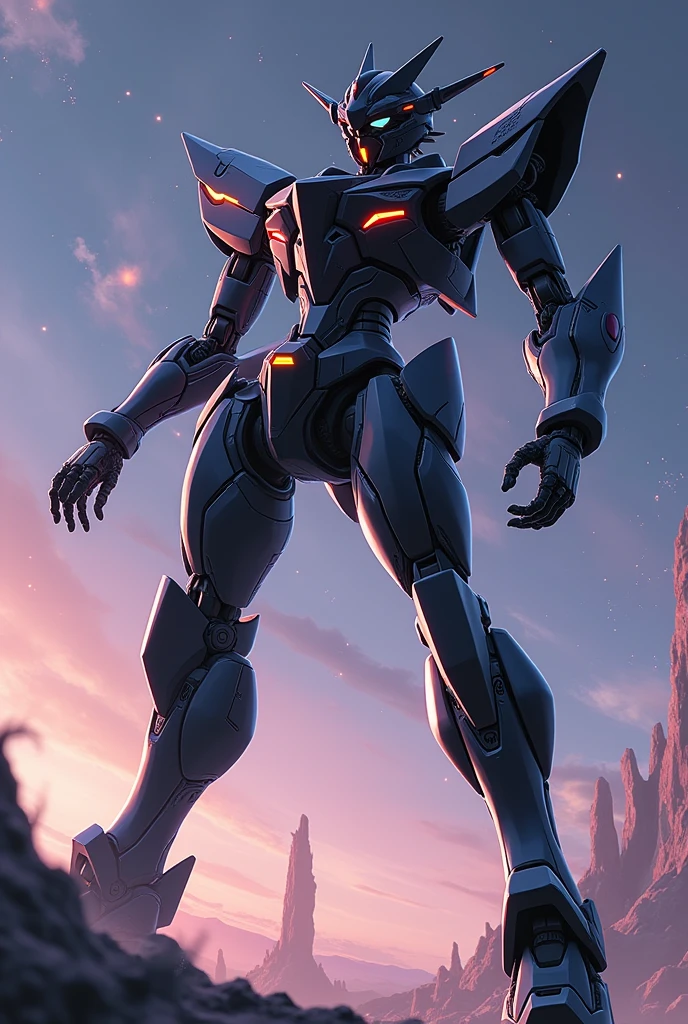 black, Gunmetal color, Fluorescent color, anime, Giant Robot, fluid, Junmin, Sniper, heroic, Thin legs, Full body image of a female super robot, Fighting with the enemy, Simple Background,universe,