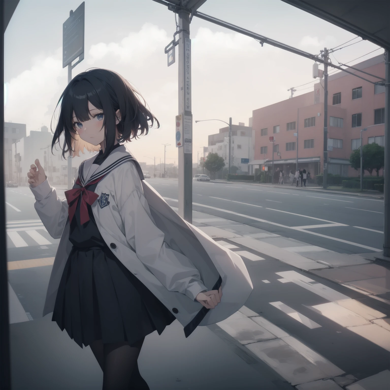 ultra-absurdres-Top quality by artist God, ultra-detailed, high resolution, anime moe artstyle, best anime 8k konachan wallpaper, pixiv contest winner, pool:2810, perfect anatomy,break, 1girl, (Please draw a girl walking sleepily to school alone. )break,(Solo,little female,15age:1.3),Full limbs, complete fingers,a junior high school student, (very short hair), short cut, flat chest, , small butt, small black eyes, beautiful detailed eyes, well-proportioned iris and pupils, expressive eyes, highres detailed hair, soft expression, salor school_uniform, sailor collar, serahuku, bow, pleated skirt,(Detailed Lighting), (Detailed background), in the School commute route. break,super detailed skin, Best cinematic lighting powered by famous artist, 8k,beauty illustration,photoshop_(medium),very aesthetic,break,((artist:echo_(circa) )), artist:clamp ,artist:carnelian ,artist:kantoku ,