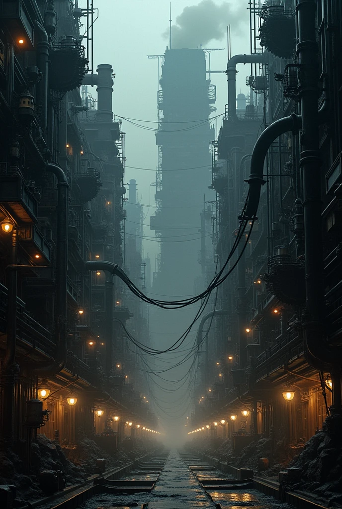 (((Steampunk))),City,(((Crowded Buildings))),exposed gear and pipes,(((Dim Lights))),groundwater,((gear)),((Thick pipe)),Covered Bridge,View from bottom to top, Reflects the height of the building,Dark weather,Smoking chimney,(((Machinery))),((Staggered wires)),crowded City,Irregular buildings