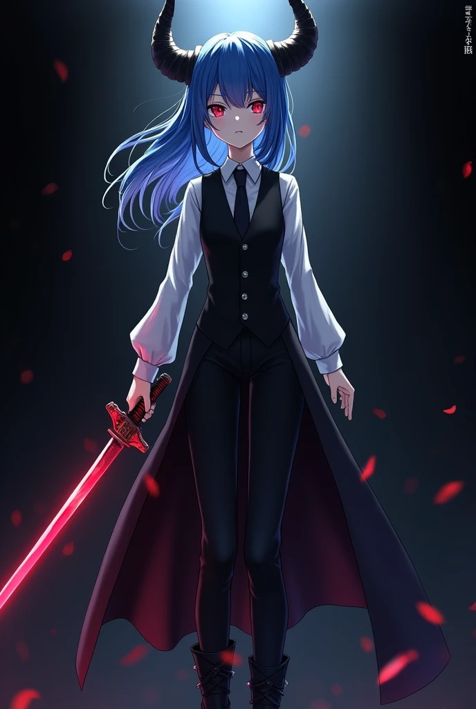 More mature anime style image. An image with a black background. a teenage girl, blue hair and red eyes, wore a white dress shirt and a vest, black pants and black boots. Black horns came out of her hair. A human image, but still diabolical. A dark aura around him ready to kill at any moment along with his serious expression. He used a katana that emanated a dark glow around him..
