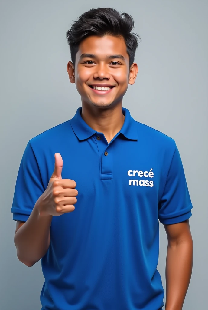 Create a realistic young white Latino with a polo shirt collar in total electric blue color. besides, The polo shirt must have the phrase in white " CRECE MASS" needle-stitched in the right breast. Must have thumb up . The young person must be between 20 and 2. In addition, Their hair should be short