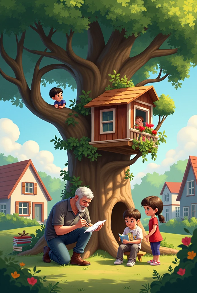 The father building his son a treehouse at the back, then in the side the artist drew the child a picture, then another side the nurse gave the patient some medicine, then in the middle the librarian offered the children some books.