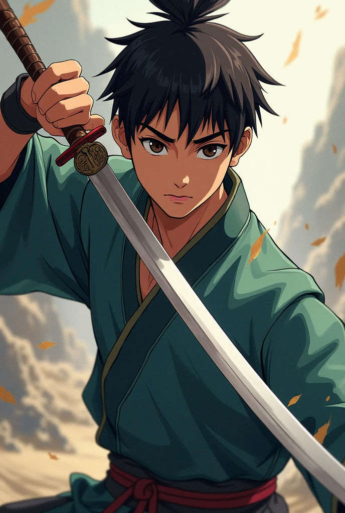 Male Young Brown skin Short dark hair Dark eyes Round face Chinese sword Anime