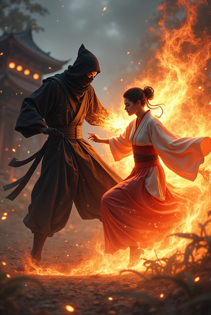 a ninja,with fire powers,kicking a kimono fighter.