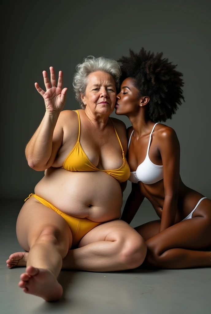 a chubby white old woman 8 with pretty face wearing a very small yellow string bikini that is clearly too small for her, she have a line of pubic hair near her navel, no makeup, barefoot with dirty feet from walking, raising a hand to reveal some underarm hair, she is sitting on the floor high quality studio lighting photograph with excellent details

She is accompanied by a very young and thin African American woman in a small white bikini who gives her a kiss on the cheek