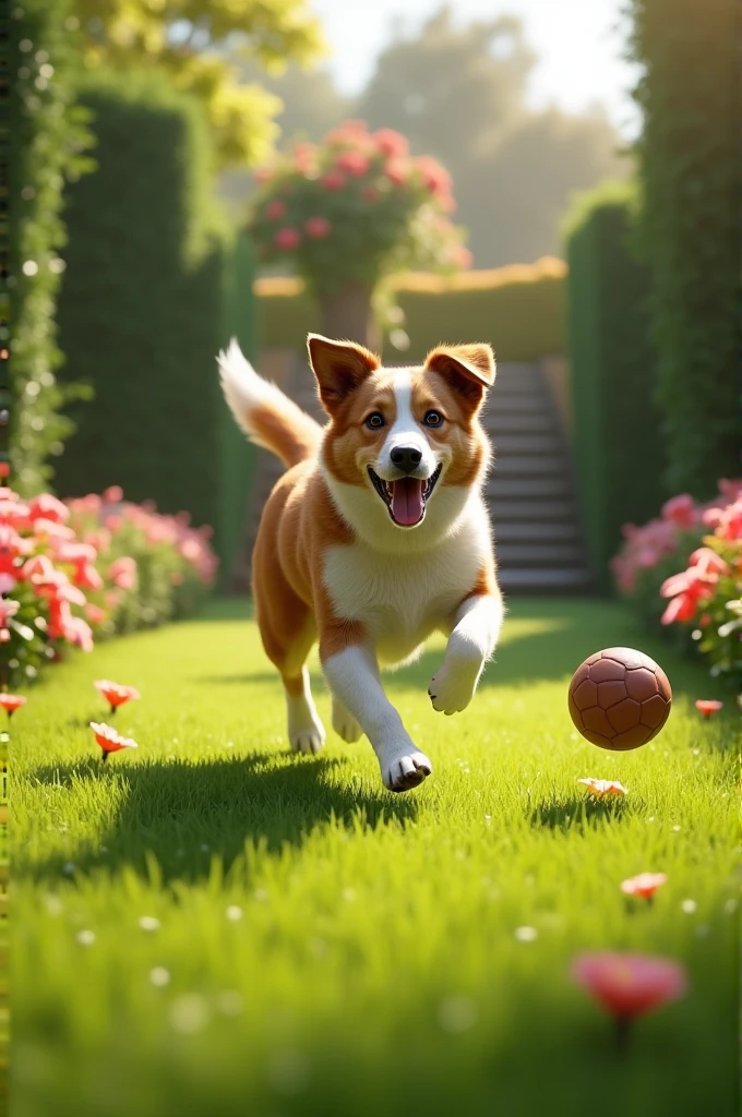 A dog playing football in garden detailed high quality 