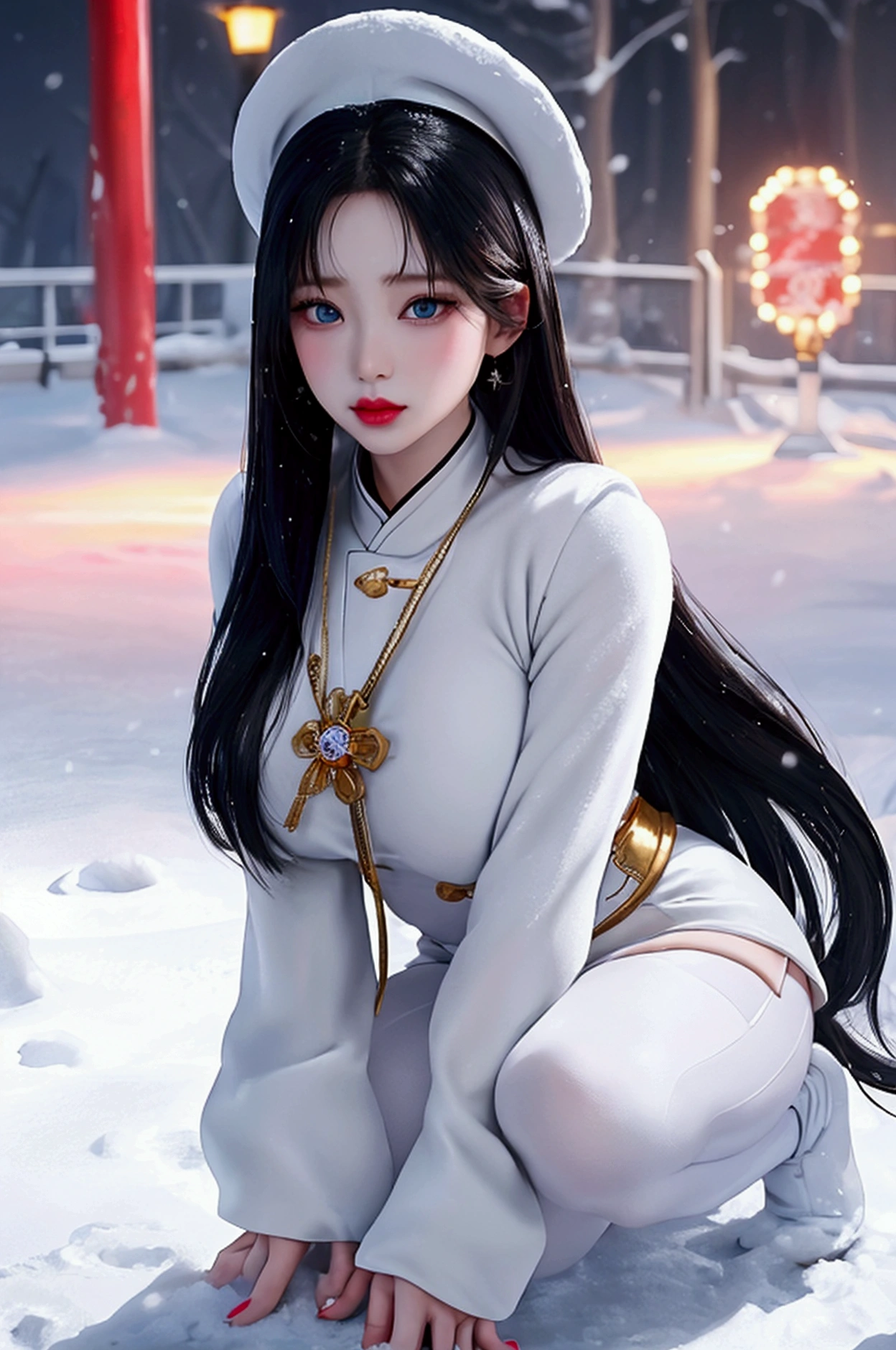 1 woman，33yo，milf，biggest，raised to be sexy，porn exposure， solo，Beauty Pageant，stand on all fours（background：ocean，snow mountain，warship，In winter，snowstorm，Big snowflakes）On warship， She has long black hair.，Long hair blowing in the wind.，red lip，dynamic pose，sweat a lot，My whole body is soaked，face에서 본， straight hair， Mostly cloudy skies，（（（masterpiece），（매우 상세한 CG Unity 8k background화면），best quality，cinematic lighting，상세한 background，beautiful and delicate eyes，bright eyes，（Very nice and beautiful），（Beautiful and detailed eye descriptions），blue eyes，red lip，Ultra-detailed，masterpiece，）），towards the camera，（upper part of the body），high resolution，Ultra-detailed），breast exposure，naked genitals， billow，legs are open，sexy posture，camel toe，Reddened complexion，mouth open，face，Chinese officer，Officer's hat，Elementary student（Wearing：black cloak，Down Jacket White Officer Winter Uniform，Sexy leggings，Armor，gold wire embroidery，Snowflake decoration，Sci-fi futuristic style）