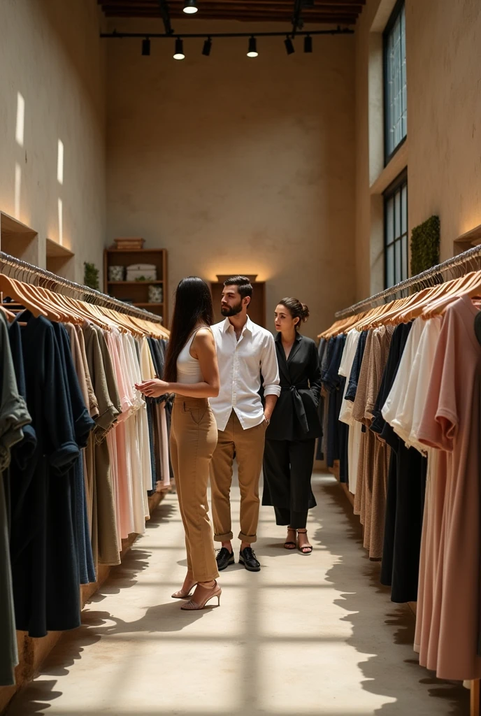 I want an image of different stylish masculine and feminine clothes for men and women that are environmentally friendly., for sale3 on hangers pants, Dresses, more natural jackets for a more clothing store that has men&#39;s clothing
