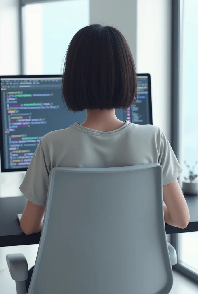 The programmer has bob hair and is seen from behind. The chair is white.