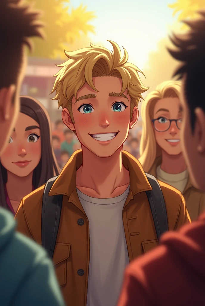 Young man ,dark blond hair, blue colored eyes, big smile, in the center of several people, day Of course, Warm clothes