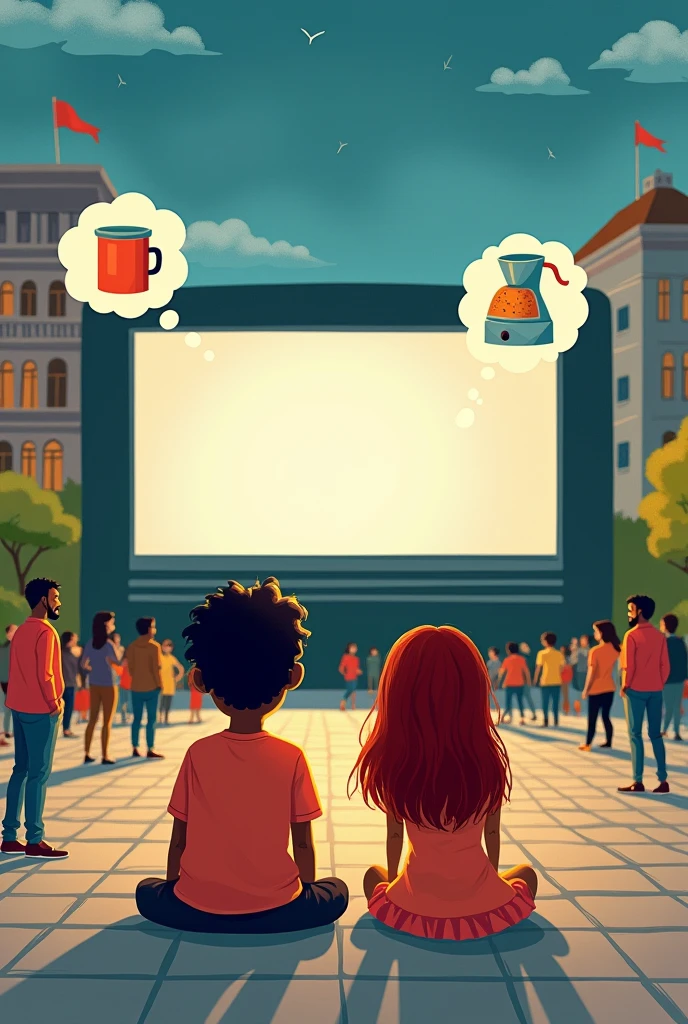 Make a picture of a couple in the shape of a child's stick figure, sitting in the middle of the square on the floor watching a movie on the big screen outdoors in the square, make an imagination balloon of her thinking about the coffee maker, and he's thinking about the museum He's black with very short hair, she is brown with long dark red hair