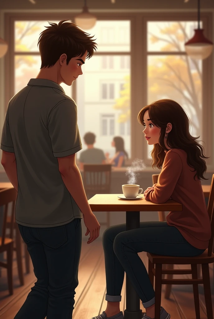 A man walking towards a girl with brown hair in the cafe