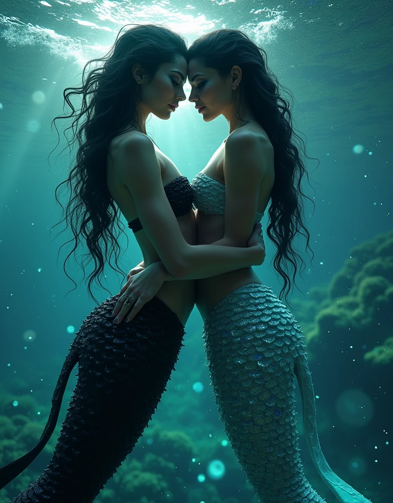 (masterpiece,Distinguished Quality,Mirror-like,Cinematic Experience,insanely detailed,absurdres),8k,full image shot),(1femaile, 1 male), (Sirens, wishously like an animal eating each other, kissing, stroking, naked, (big naked breasts:2.0), nipples:1.3) under water:2.0), kissing her back, iridescent depths of an enchanted ocean, (Iridescent particles:2.0),(nudes, front view) mesmerizing sirens, (Functional),(Voluptuous),(front:2.0),(shimmering metallic scaled tales:2.0), slim waist, (black tale:2.0), luminous, pearlescent skin glistening, long, black, flowing hair a wild tangle of seaweed and gemstones, as their piercing, aquamarine eyes gleam with an otherworldly allure, shimmering, crystalline tail glimmers with a soft, ethereal light, beckoning sailors to their doom with a haunting, melodic song that echoes through the mystical, moonlit waves, Imagine the captivating, erotic, underwater scene:1.6!