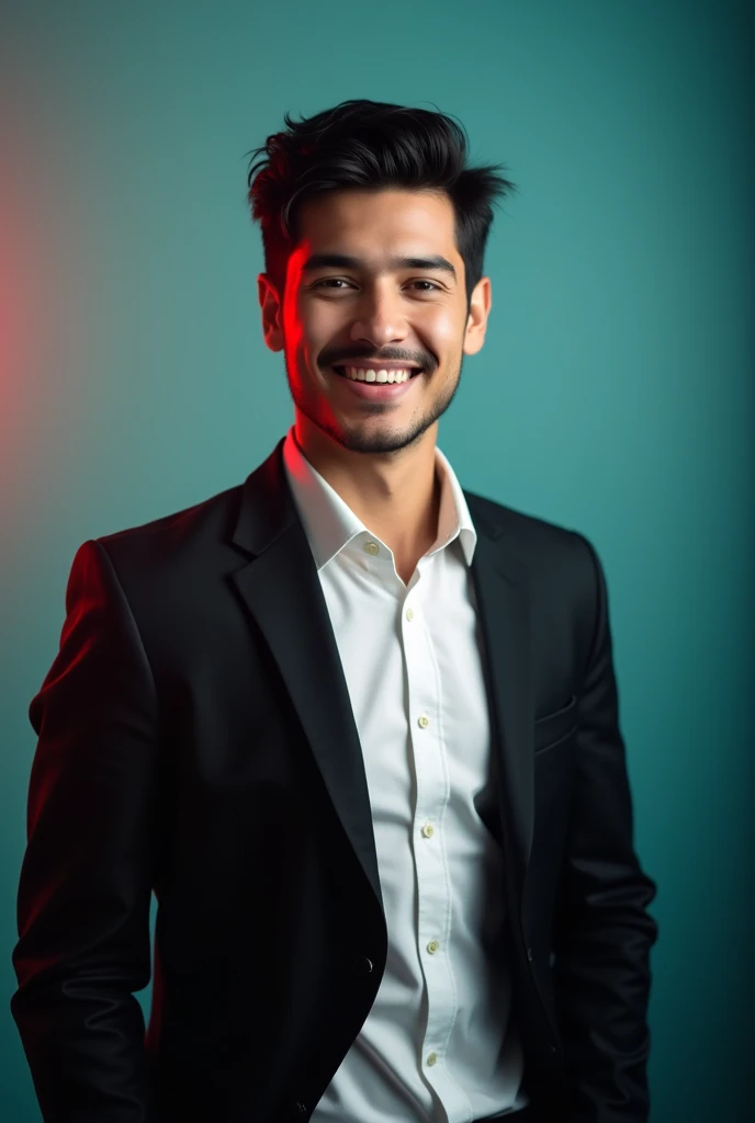 A young man with dark hair and a confident smile. He is dresed in a Black Blazer over a white shirt.The man is positioned aque colour back drup with a subtle red lighting on the left side and he positions for linkidin profile