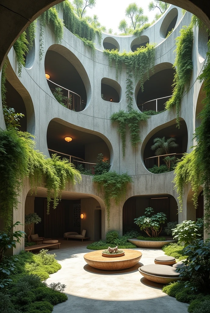 make a brutalist house interior design
full of lush, hanging vines and moss
make a lot of different shape
add a balcony
make some windows circle