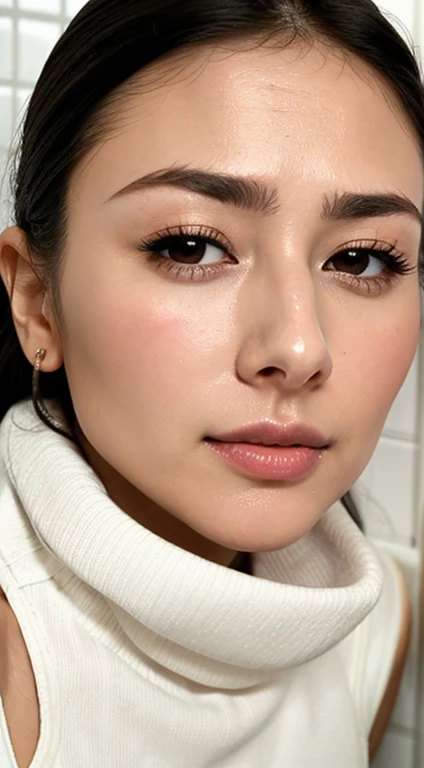 Beautiful Japanese actresses、1 person,Flying debris,,Award-winning photo, Very detailed,Face Focus, Big double eyes(Woman with open mouth and closed eyes ), 30 years old、Black Hair、Glowing Skin、(((Face close-up)))、Realistic nostrils、Long and narrow nasal cavity,、In the toilet、(On the floor of a public toilet)、Squat、((White turtleneck sleeveless dress))、Big Breasts、(Sharp Nose)Frowning 表現:1.4,,Facial Expressions,Frowning,Lift your head、Skin shiny with sweat,Oily facial skin,Biting your lip,Tied Hair,Wearing a tank top,Put your nose closer to the camera,((Mouth wide open, trying to receive something))View your viewers, (((Damp philtrum))),((Face close-up)),