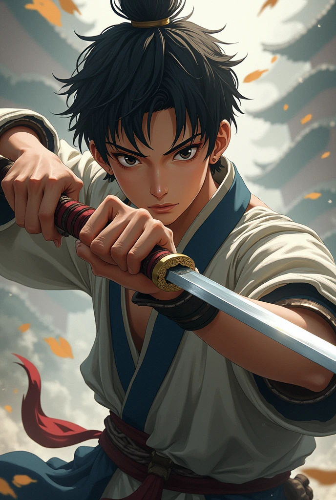 Male Young Brown skin Short dark hair Dark eyes Round face Chinese sword Anime