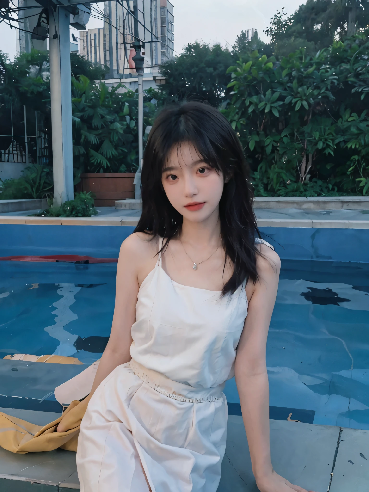 Best quality,Ultra-high resolution,(Realism:1.4),cute,cute发夹,girll,dress,Hip skirt,Look directly at the audience,Full of atmosphere,Beautiful woman with a slim figure:1.4,swimming pool,whole body,Super delicate face,Exquisite eyes,Double eyelids,necklace