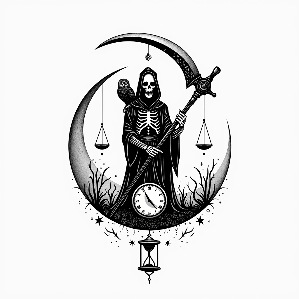 death,a skull,An owl, A WORLD,a scythe, a scale, A sand clock, all in a circle,black and white drawing , stamp containing all of the above, very simple simple drawing