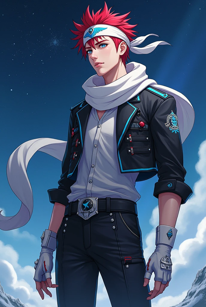 just 1 semi realistic man, super handsome man with seductive eyes, red hair with a hairstyle similar to that of the character Sasuke, but wearing a white bandana, with the symbol of a blue wing, very blue eyes, like heaven, muito claro, Asian, wears a beautiful short black jacket with cyan blue details, gray blouse, with a huge scarf tied around his neck, that crawls to the ground, black military style pants and white military boots, with red details, além de luvas brancas with red details sem dedos de material como couro, and a punk belt under the shirt. Make him look at the starry sky and the snow, going.