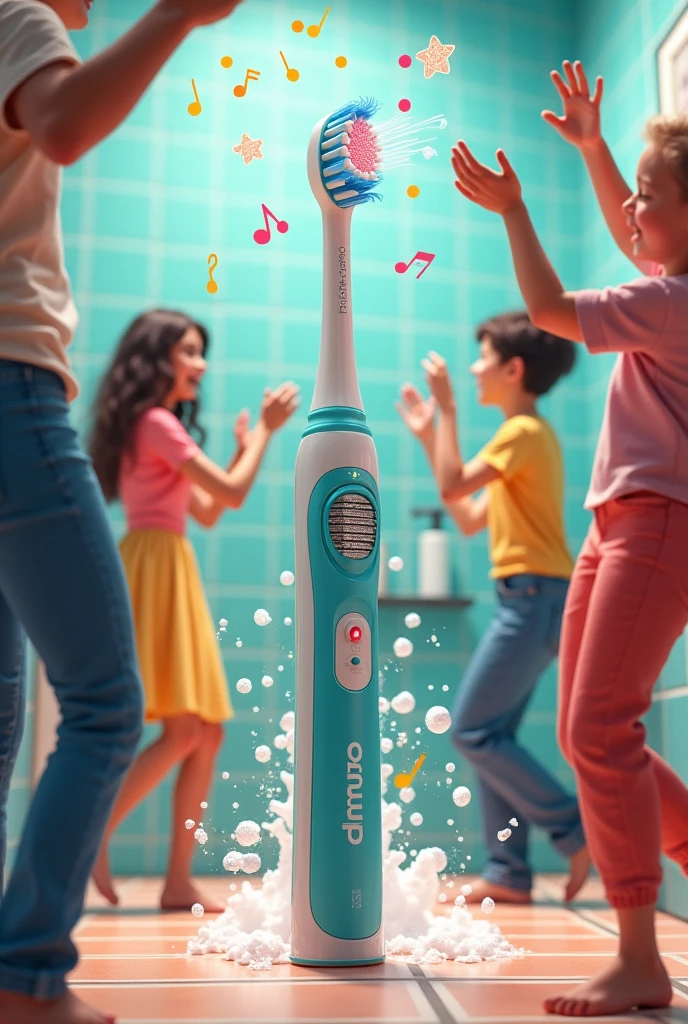 Toothbrush with built-in speakers that play music, people brushing their teeth and dancing to the music 