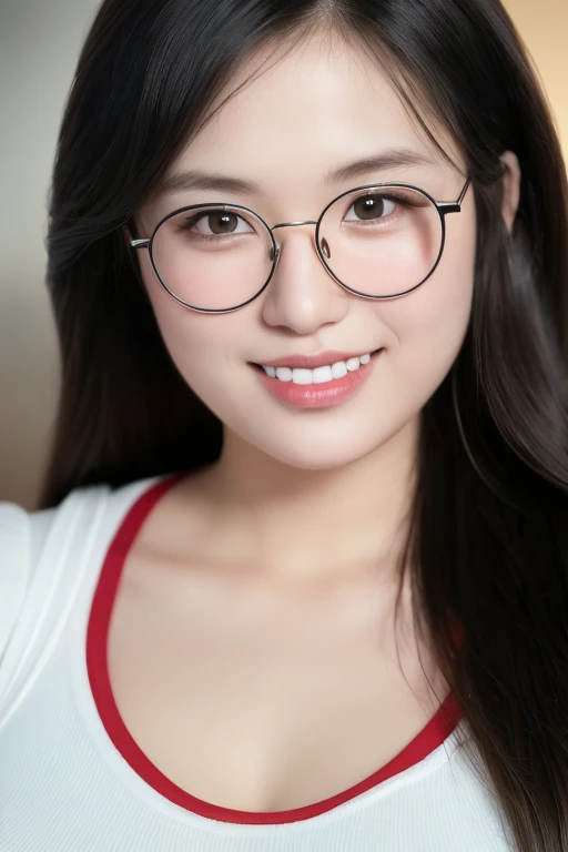 ((Top Quality, 8K, Masterpiece:1.3)), Detailed Woman:1.3,smile, glasses, (Medium long hair, gigantic Breasts:1.2), Camisole:1.1, Ultra Detailed, Detailed, Eyelids