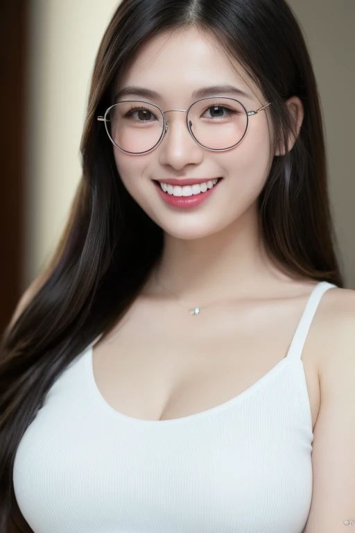 ((Top Quality, 8K, Masterpiece:1.3)), Detailed Woman:1.3,smile, glasses, (Medium long hair, gigantic Breasts:1.2), Camisole:1.1, Ultra Detailed, Detailed, Eyelids