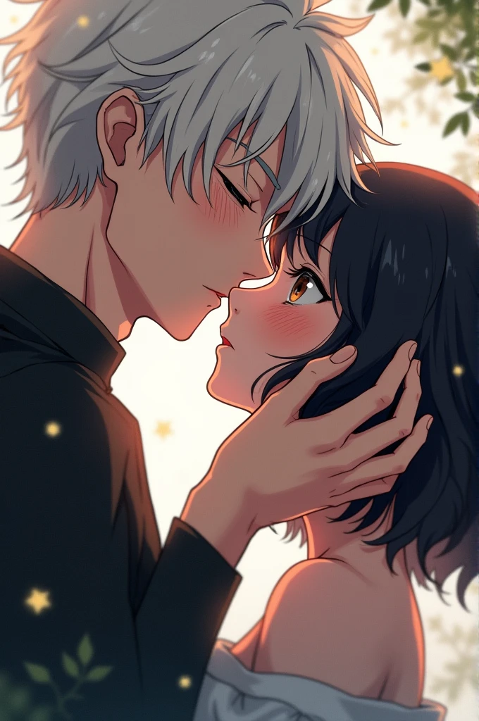 Gojo satoru kiss a girl with black, fluffy hair and brown eyes