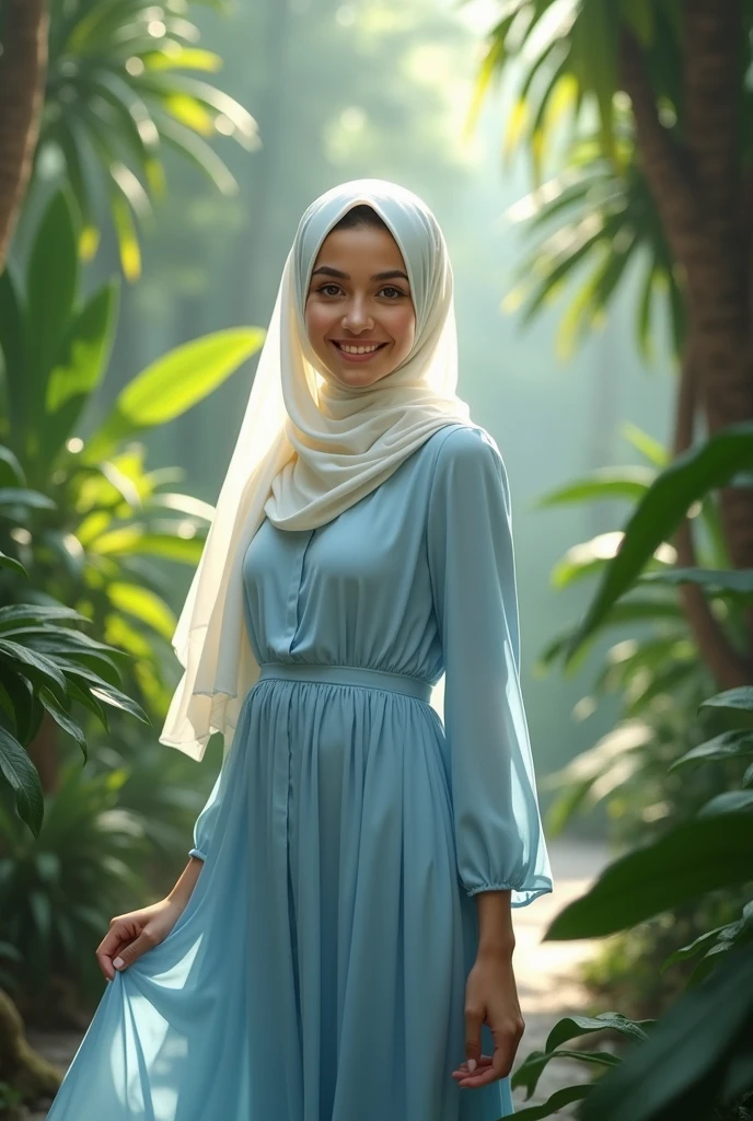 Hijab ,middle Eastern, 20 yo , in the jungle, smile, white scarf ,light blue dress, sexy