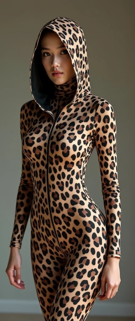 The beautiful,slender thin and clever asian muslimah adult girl with beautiful and shiny cheeks wears leopard print lycra turtleneck unitard catsuit covered with spots and leopard print lycra elastane stretchy dancewear square hijab covered with spots.